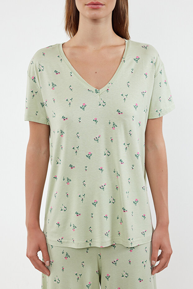 Mint-Çok Renkli Çiçekli Örme Pijama Takımı THMSS24PT00231 - 3