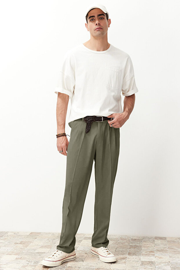 Haki Pileli Klasik Baggy Fit Kumaş Pantolon TMNSS24PL00024 - 3