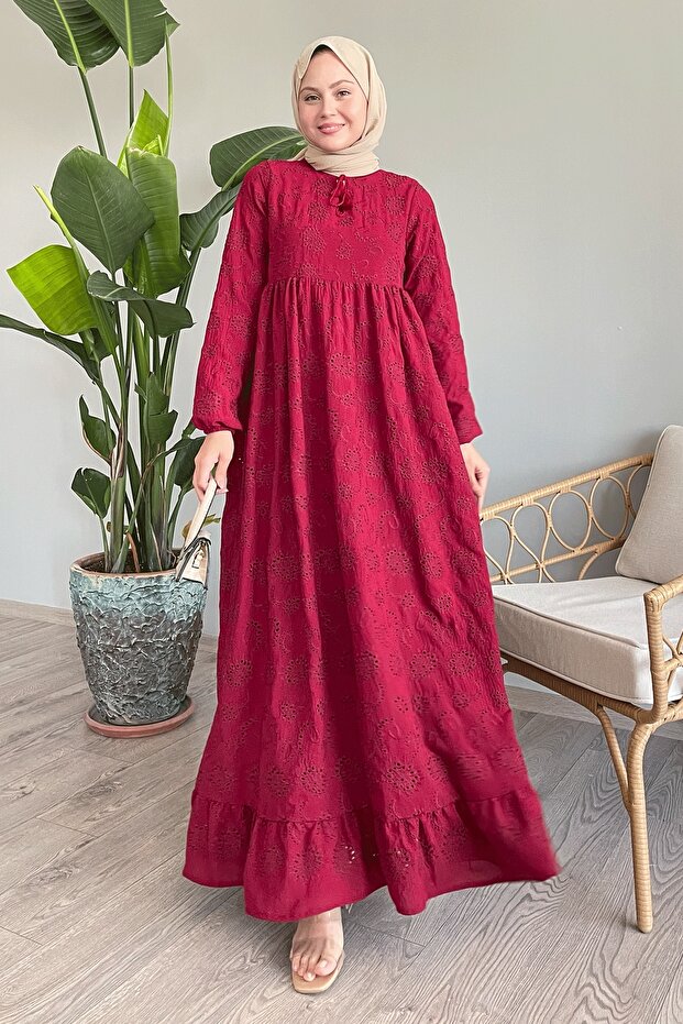 Claret Red Embroidery Dress - Patterned and Tasseled