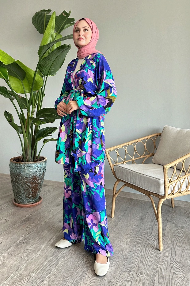 بدلة مزدوجة منقوشة بزهرة فيسكوز أرجوانية - 5