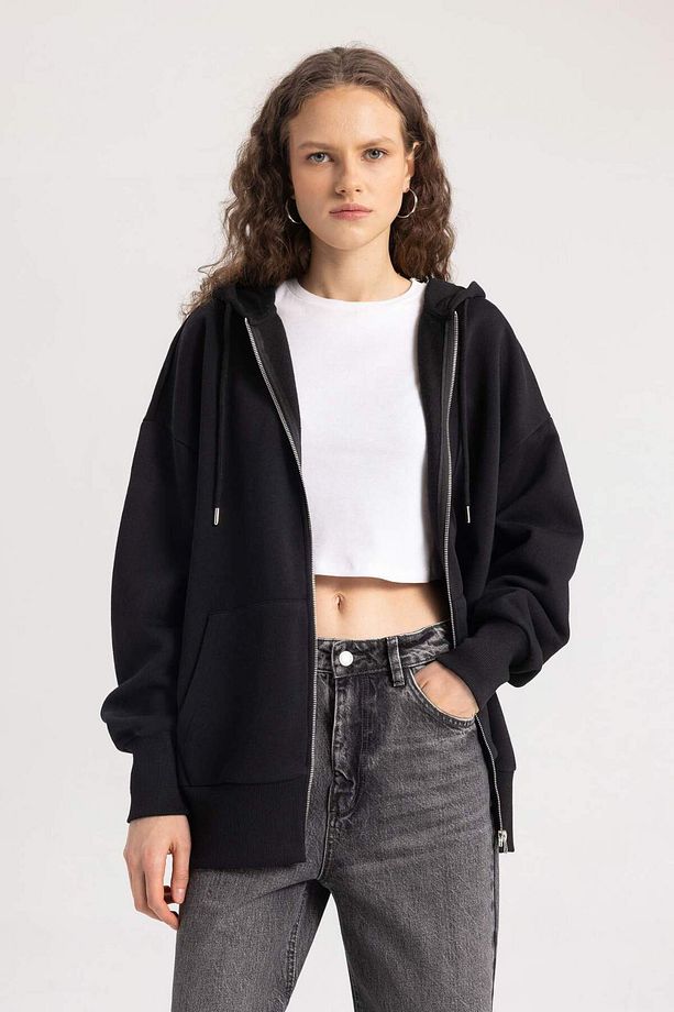 Oversize Fit Kapüşonlu Kalın Kumaş Hırka - 4