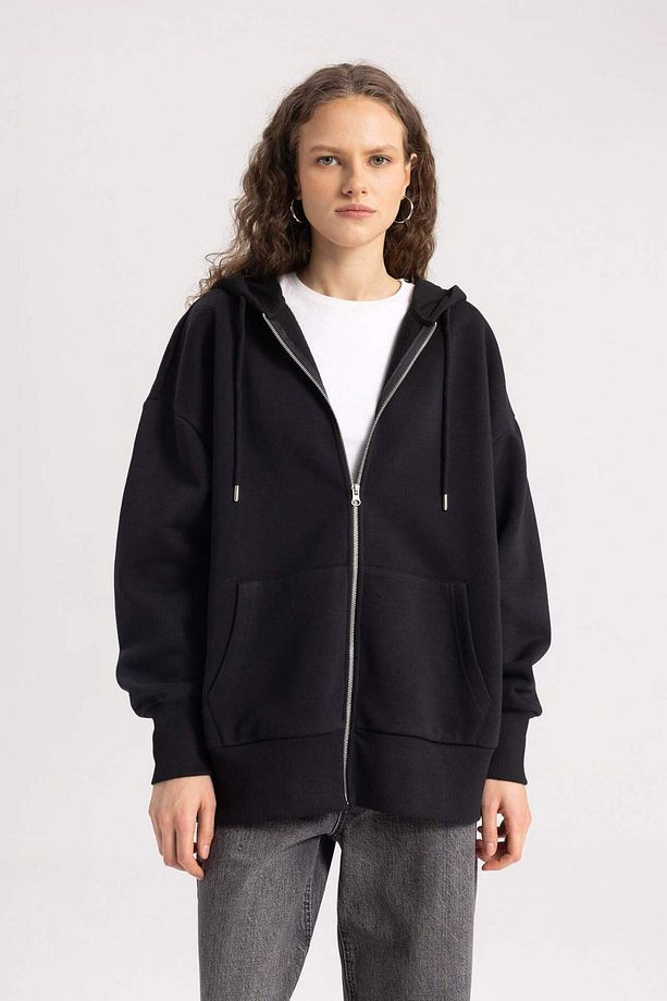 Oversize Fit Kapüşonlu Kalın Kumaş Hırka - 3