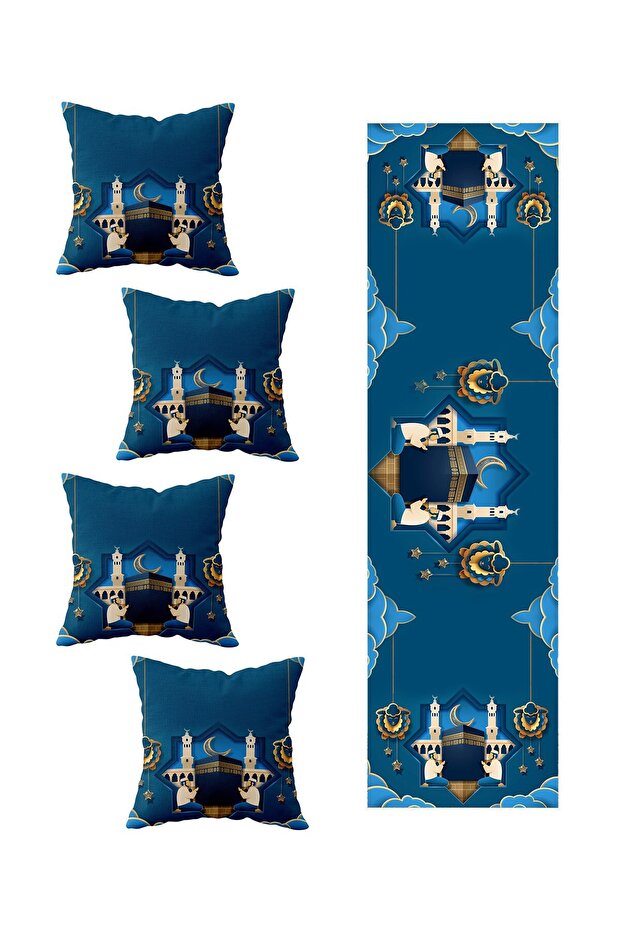 Ramadan Crescent 4-Piece Decorative Throw Pillow Cover Runner Set - Mosque and Table Different Ranir Models