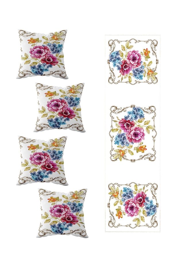 4-Piece Rose Patterned Throw Pillow and Runner Set - Different Ranir Models for Living Room Kitchen Table