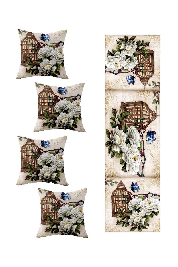 Vintage Rose Butterfly Table Runner Set with Different Patterns Decorative 4-Piece Throw Pillow Cover Runner Set