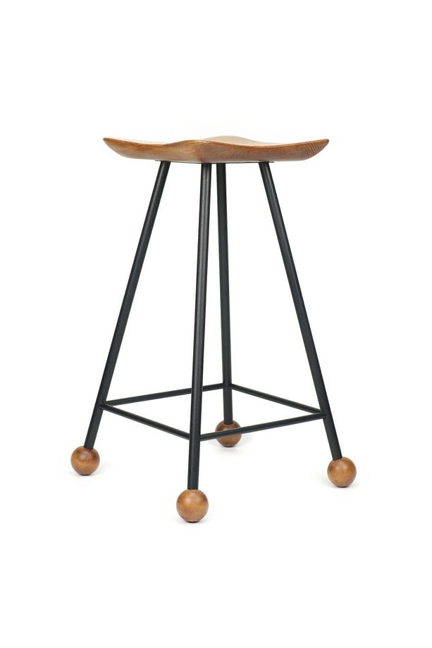 Tabure Sandalye Bar Taburesi 65 Cm Kavisli Kare Oturma Yeri Tabure Ahşap Demir Ayaklı Ahşap Topuzlu - 4