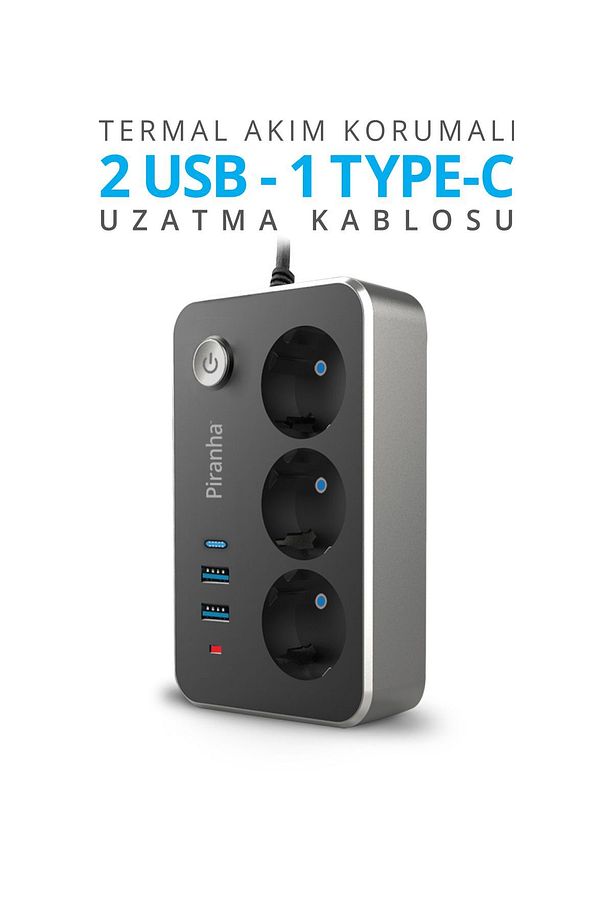 45650 Akım Korumalı / 2 X Usb - 1 X Type-c Girişli / 3'lü Priz Uzatma Kablosu / 2 Metre Kablo - 3