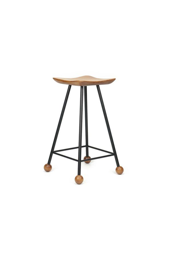 Tabure Sandalye Bar Taburesi 65 Cm Kavisli Kare Oturma Yeri Tabure Ahşap Demir Ayaklı Ahşap Topuzlu - 8