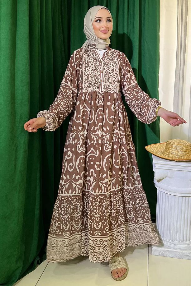 Kahve Yarım Düğmeli Astarlı Desenli Şifon Elbise - 3