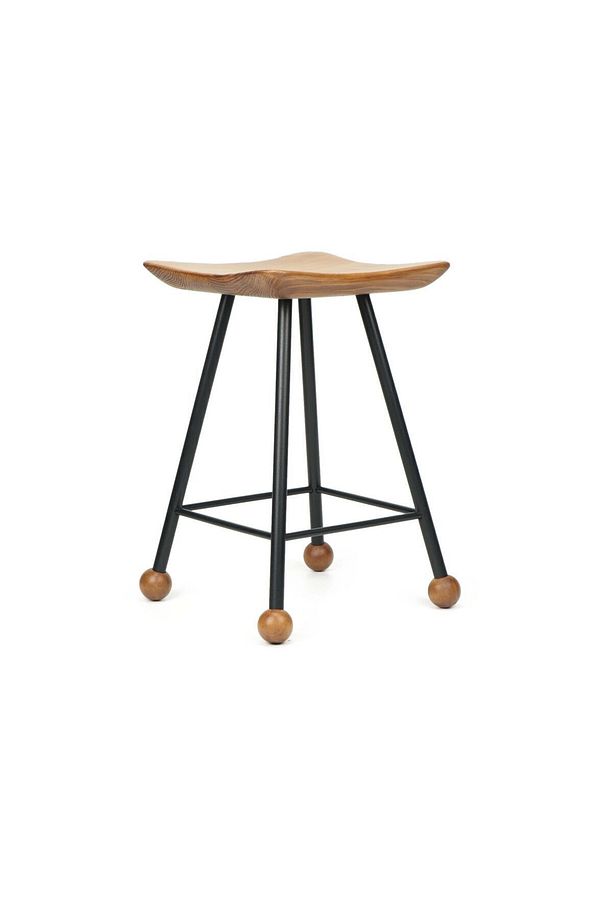 Tabure Sandalye 47 Cm Kavisli Kare Oturma Yeri Bar Taburesi Ahşap Demir Ayaklı Ahşap Topuzlu - 3