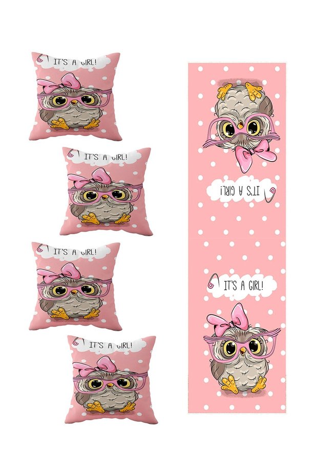 Pink Girl's Living Room Kitchen Table - Set of 4 Decorative Throw Pillow Covers and Runner