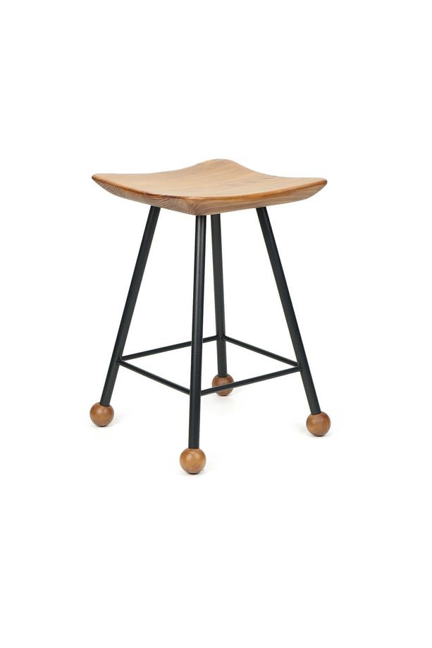 Tabure Sandalye 47 Cm Kavisli Kare Oturma Yeri Bar Taburesi Ahşap Demir Ayaklı Ahşap Topuzlu - 1