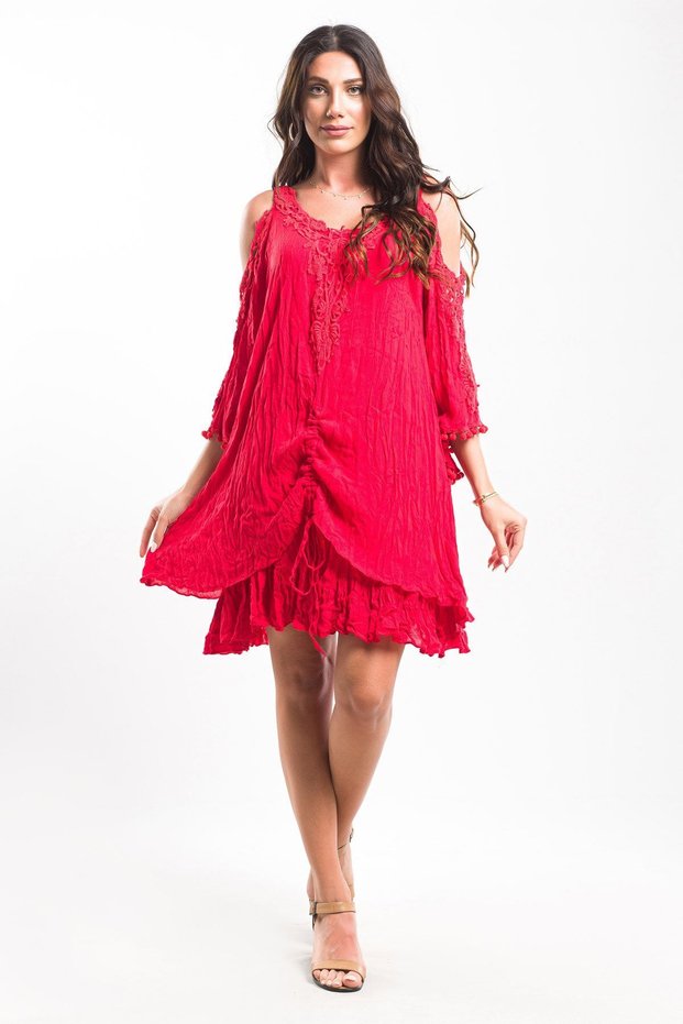 Women's Authentic Voile Cotton Guipure Strap Red Mini Dress with Angle Sleeves