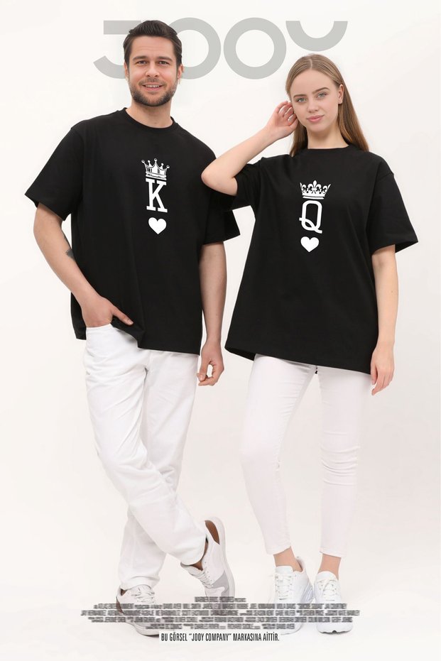 King Queen Printed Lover Couple Combination Black Oversize T-shirt Set of 2