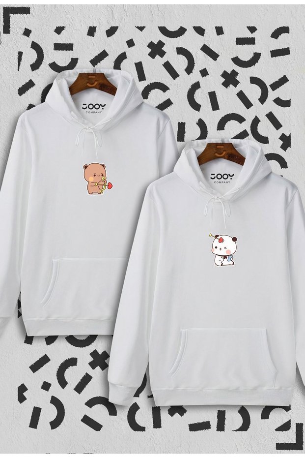 Dear Bear Design Couple Combination White Hooded Sweatshirt Set of 2