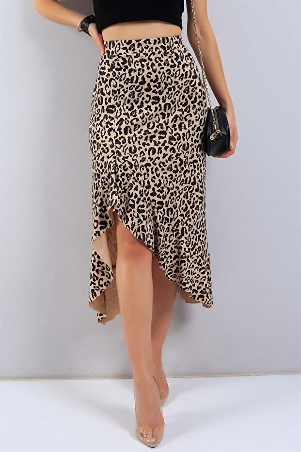 Patterned Premium Full Stretch Fabric Asymmetrical Cut Flounce Midi Slit Skirt Ete080