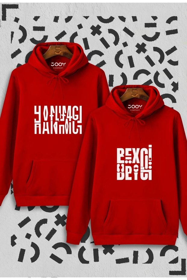 Hanımcı Beyci Lover Couple Combination Folded Design Hooded Red Sweatshirt Set of 2