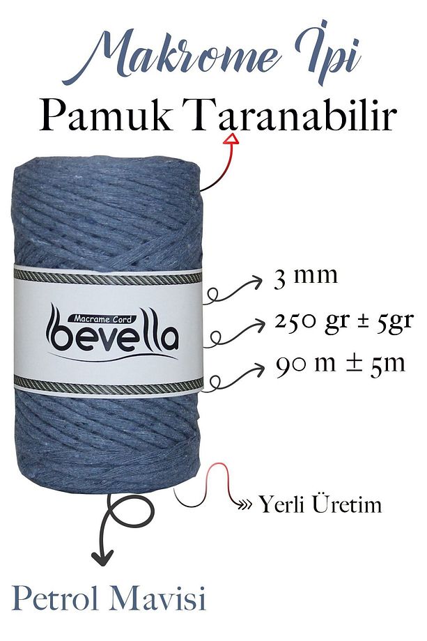 Taranan Makrome Ipi 3mm Taranabilir Pamuk Tek Büküm Makrome Ipi Petrol Mavisi - 2