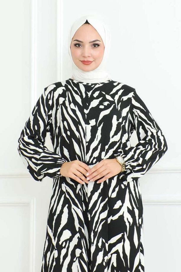 Zebra Desen Tesettür Elbise SİYAH - 4
