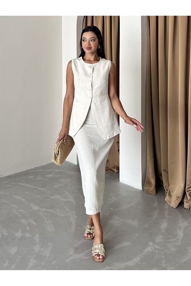 Stone 100% Cotton Slit Pencil Skirt Vest Set