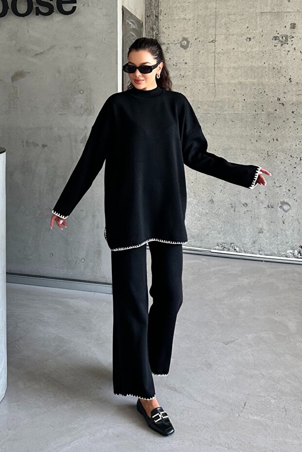 Women's Black Ends Striped Bottom-Top Hijab Knitwear Set