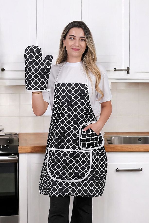 Trendy Membranlı 3lü Set Sıvı Geçirmez Su Geçirmez Mutfak Önlüğü Çeyiz Seti (1 ELDİVEN 1 TUTACAK) - 7