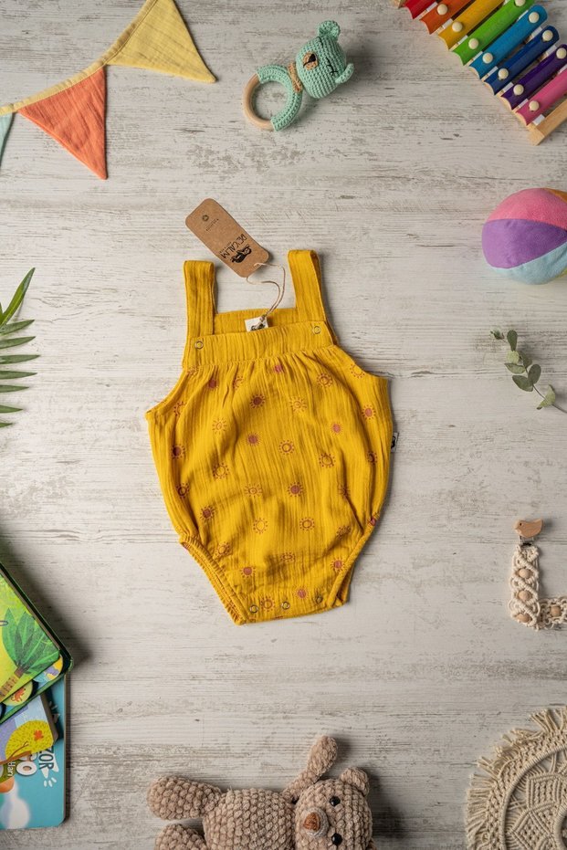 Organic Muslin Baby Body - Strappy and Printed - Unisex - Mustard