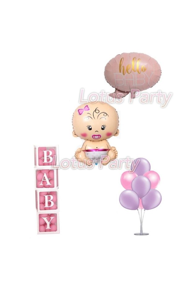 Hospital Room Decoration Set (Baby Girl Foil - Hello Baby Foil - 4 Baby Boxes - 7 Pieces Stand)