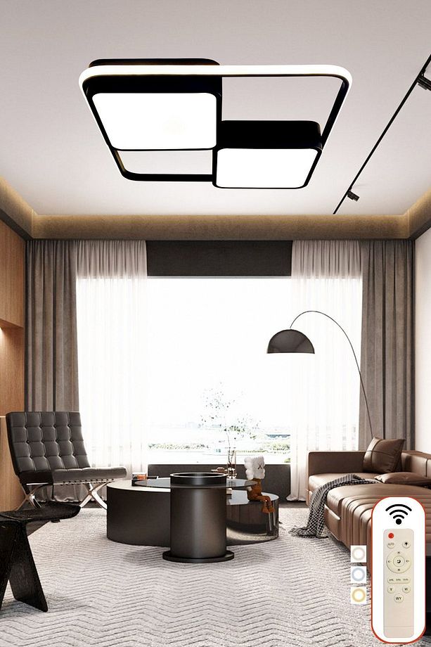 Kare Model Led Avize, 3 Renk Aydınlatmalı Kumandalı Dimmerli Modern Tavan Avizesi,salon,ofis Avizesi - 1