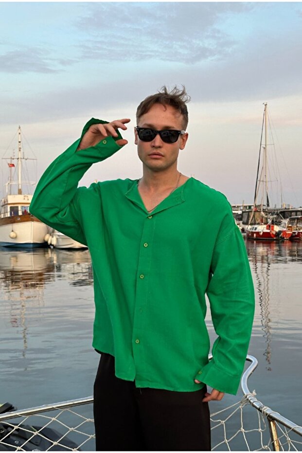 Basic Yakasız Oversize Keten Gömlek - 1