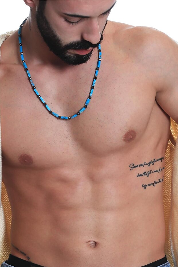 Men's Blue Color Howlite Natural Stone & Faceted Hematite Handmade Design Necklace