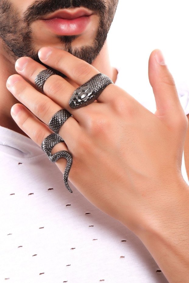 Men's Metallic Anthracite Lacquer Plated Adjustable 4-Piece Snake Ring Set