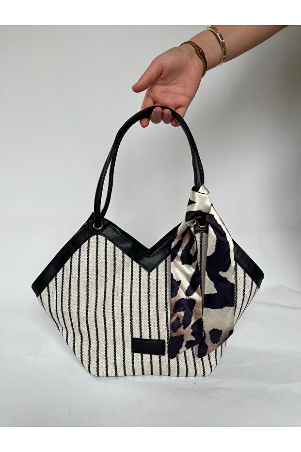 New Season Black Cream Jute Straw Zippered Hand and Shoulder Bag with Scarf, Asymmetrical Cut