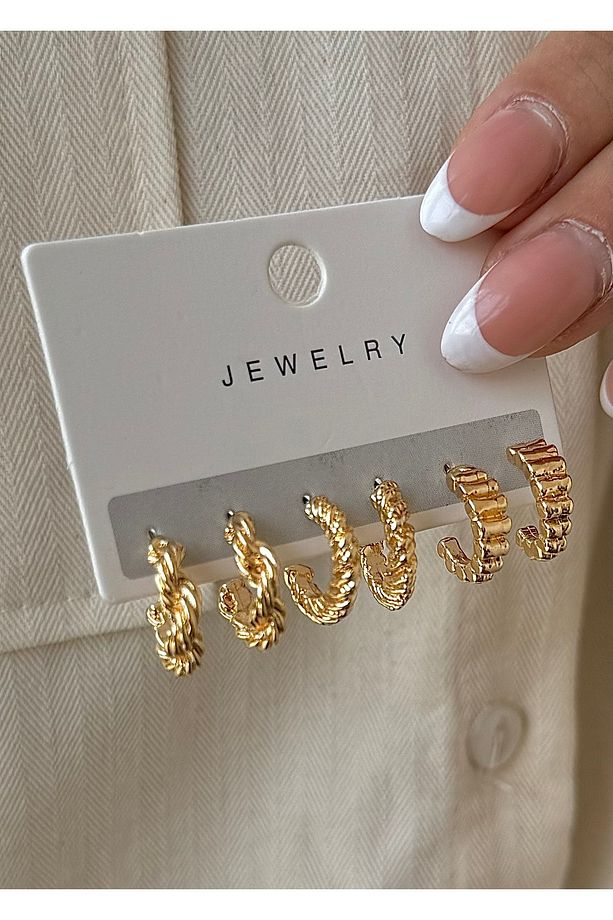 Gold 3 farklı model kadın  küpe seti - 2
