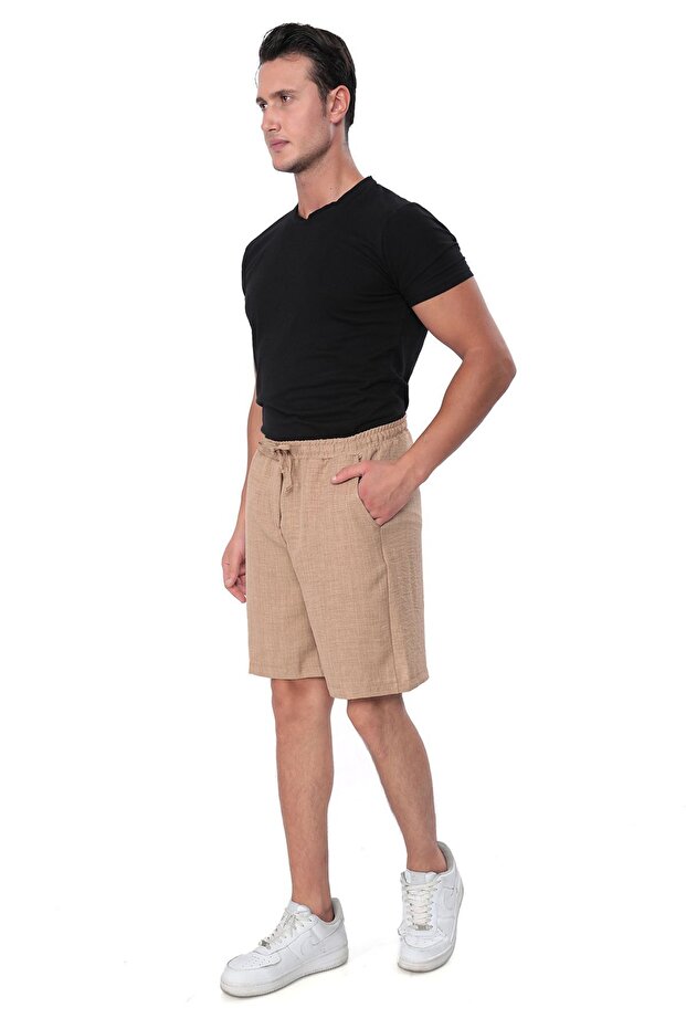 New Season Men's Brown Linen Look Shorts, Summer Comfortable Cut Shorts with Elastic Waist
