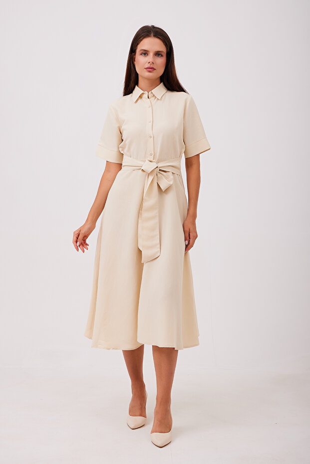 Shirt Collar Dress - Belted and Button Detailed