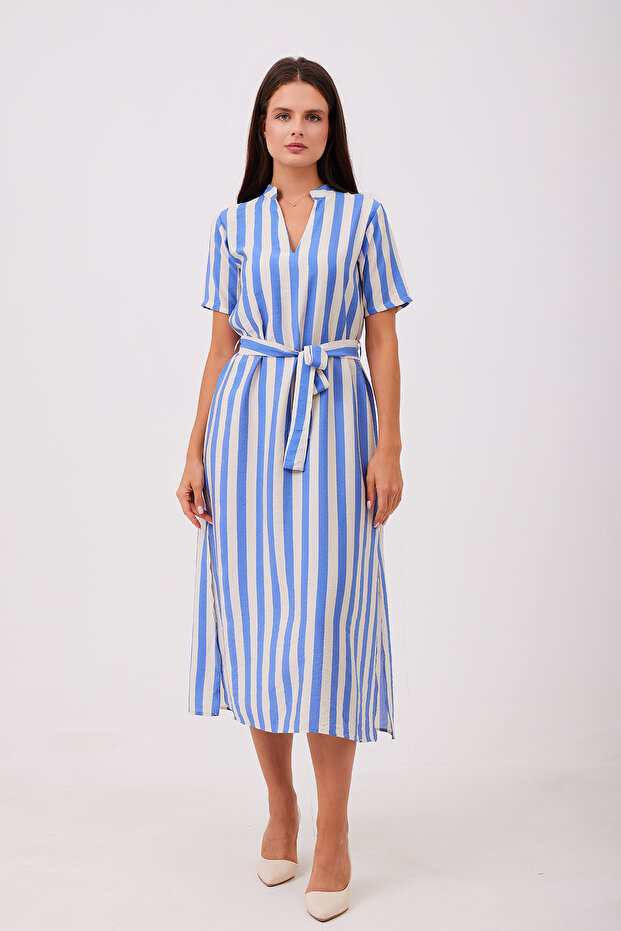 Blue and White Striped Belted Dress with Slit Detail