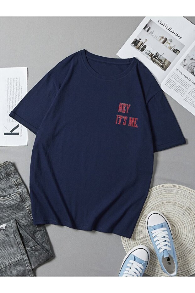 Oversize Hey It's Me Baskılı Lacivert Tshirt - 1