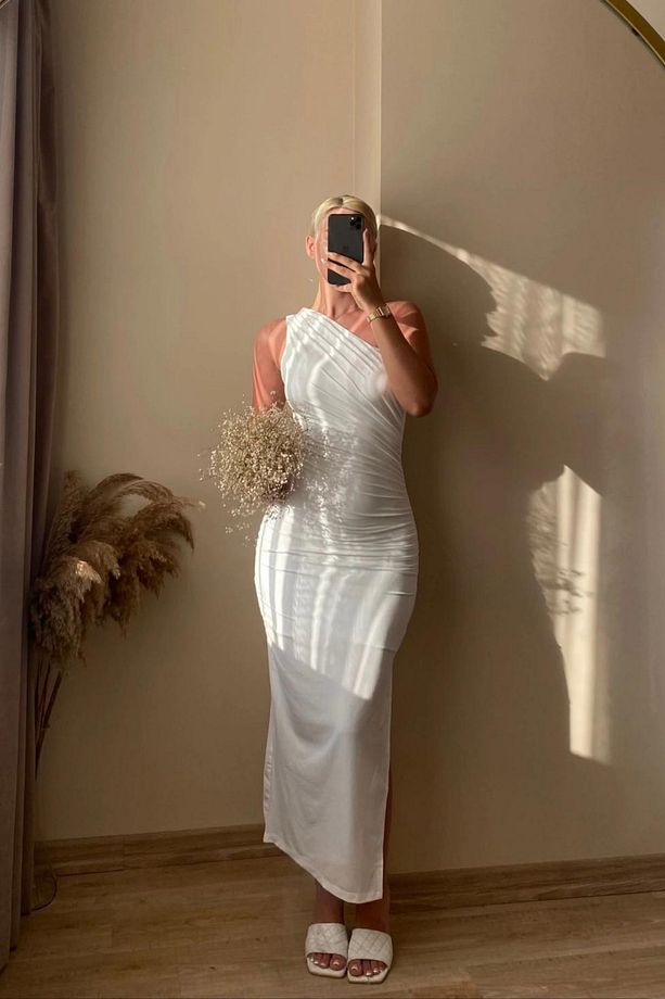 Beyaz Tek Omuz Drape Detay Astarlı Midi Elbise - 5