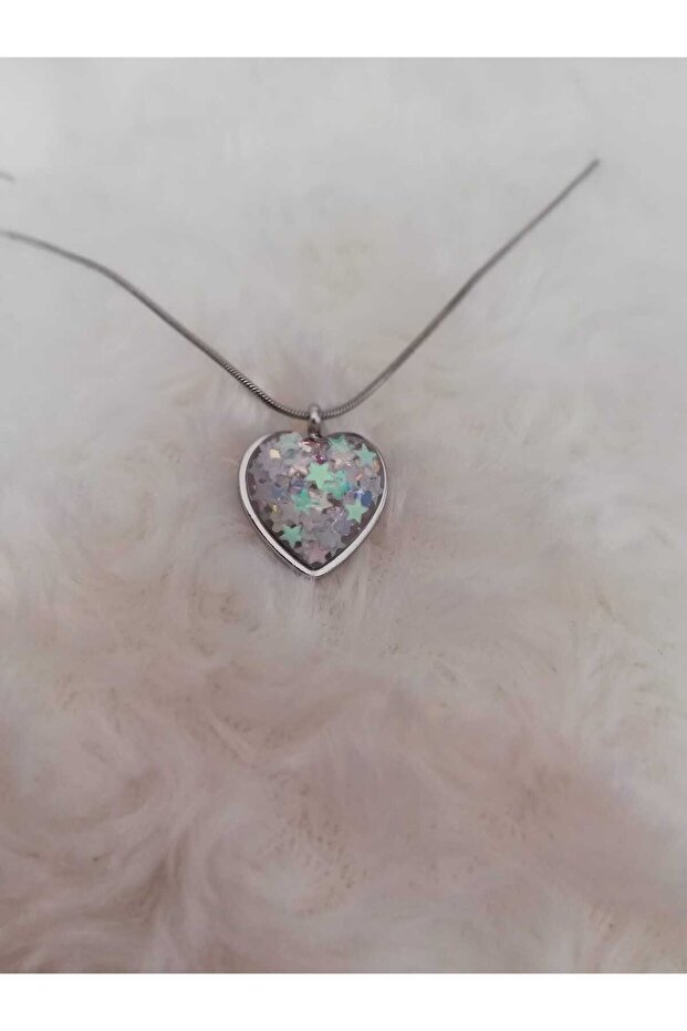 Women's Silver Heart Pendant with Stars and Steel Chain