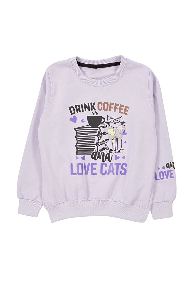 Lila Kız Çocuk Mevsimlik-İnce Kedi Desenli Örme Sweatshirt TKDAW25SW00008 - 1