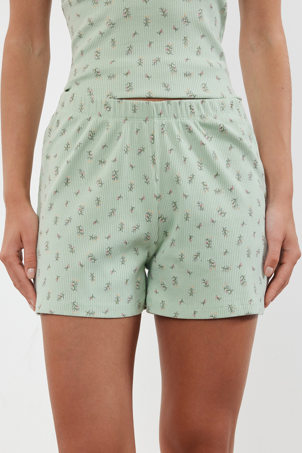 Mint Pamuklu Çiçekli Dantelli İp Askılı Fitilli Şortlu Örme Pijama Takımı THMSS24PT00062 - 4