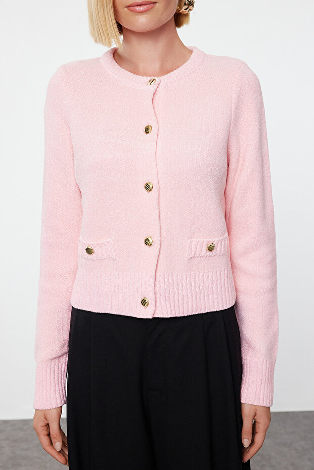 Pembe Crop Premium İplik/Özel İplik Cep Detaylı Triko Hırka TWOAW24HI00051 - 3