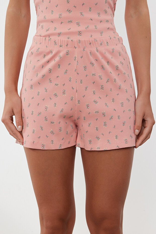 Pudra Pamuklu Çiçekli Dantelli İp Askılı Fitilli Şortlu Örme Pijama Takımı THMSS24PT00062 - 4