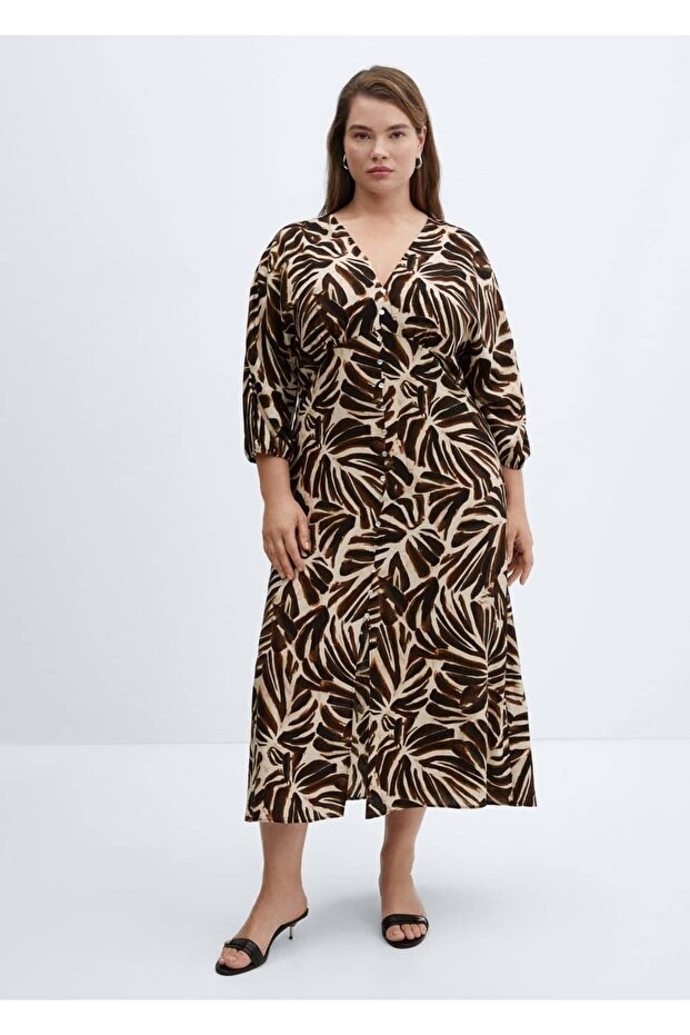 V yakalı desenli elbise - 6