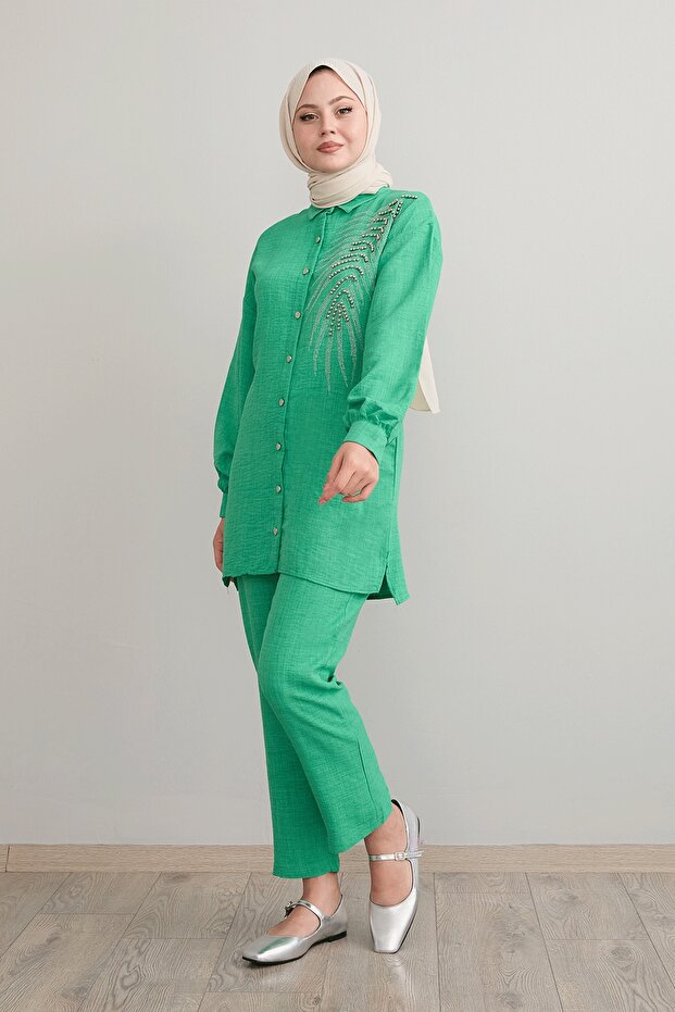 Leaf Stone Processing Green Linen Suit - 4