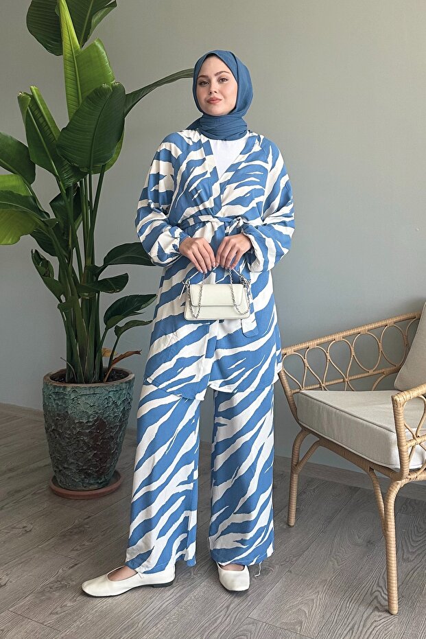 Blue Viscose Brush Patterned Set - 2