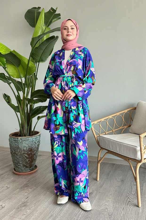 بدلة مزدوجة منقوشة بزهرة فيسكوز أرجوانية - 1