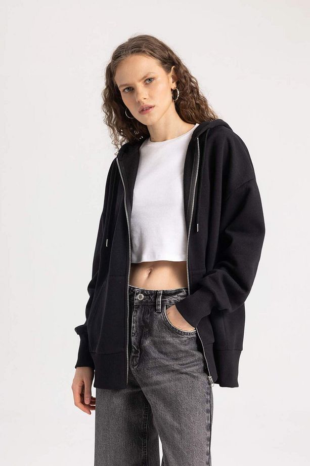 Oversize Fit Kapüşonlu Kalın Kumaş Hırka - 1