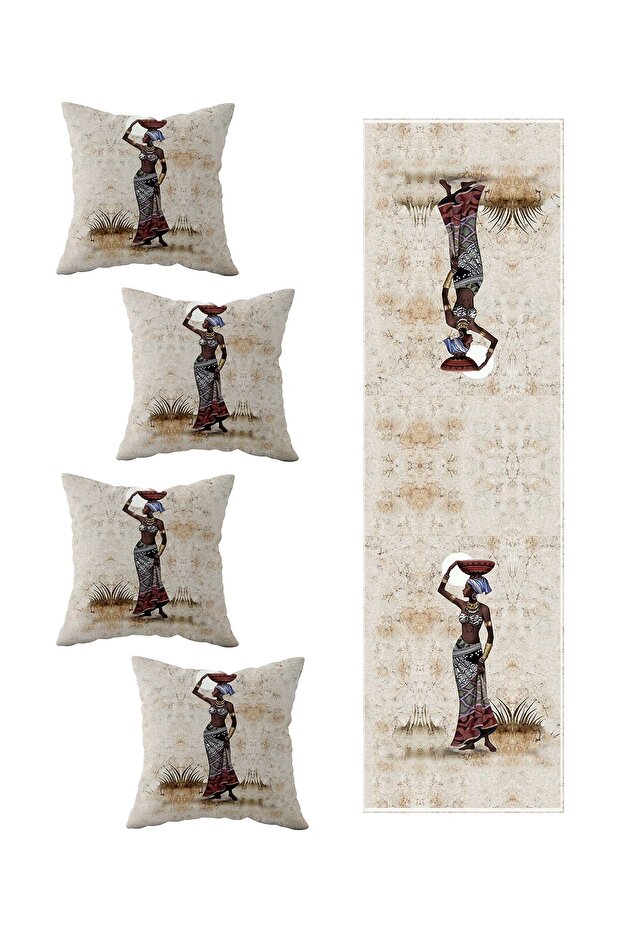 Ethnic Black Women's Table Runner and Decorative 4-Piece Cushion Cover Runner Set